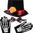 Spooktacular Creations 4 Pcs Halloween Day of the Dead Costume Accessories Set for Men Including 1 Pair of Skeleton Gloves, 1 Mens Hat and 1 Bow Tie for Halloween Cosplay Party