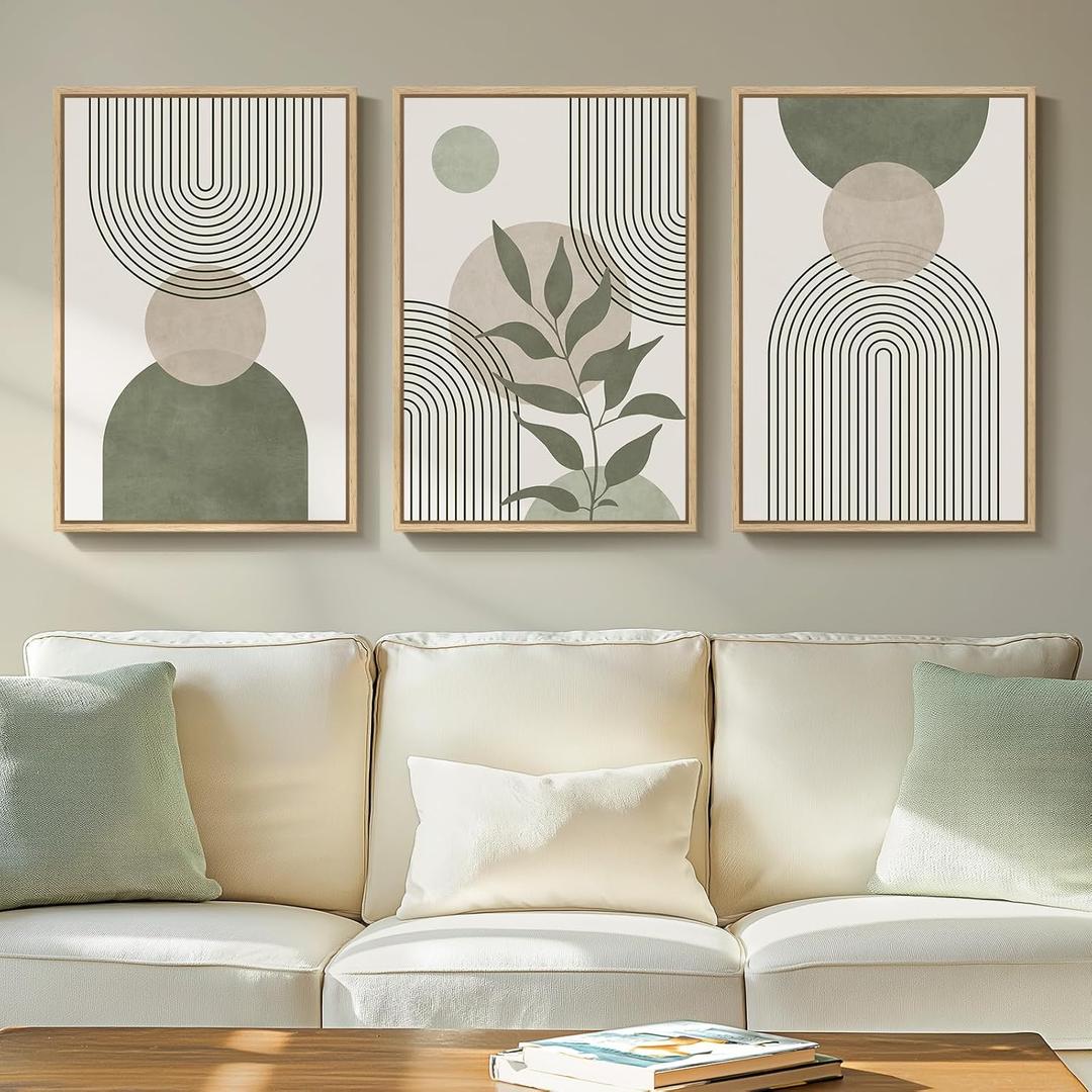 Framed Sage Green Boho Wall Art for Living Room, 3 Piece Minimalist Beige and Green Bohemian Artwork for Walls, Large Geometric Leaf Line Boho Paintings Prints for Bedroom Hallway Wall Decor, 16x24 In