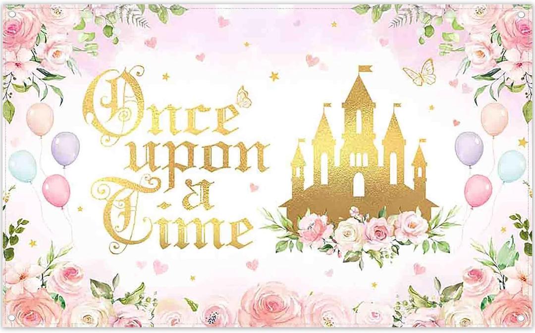 Yriujul Fabric 72x43inch Fairytale Backdrop Pink Ancient Castle Floral Princess Butterfly Photography Background Girls Party Decorations Kids Photo Banner