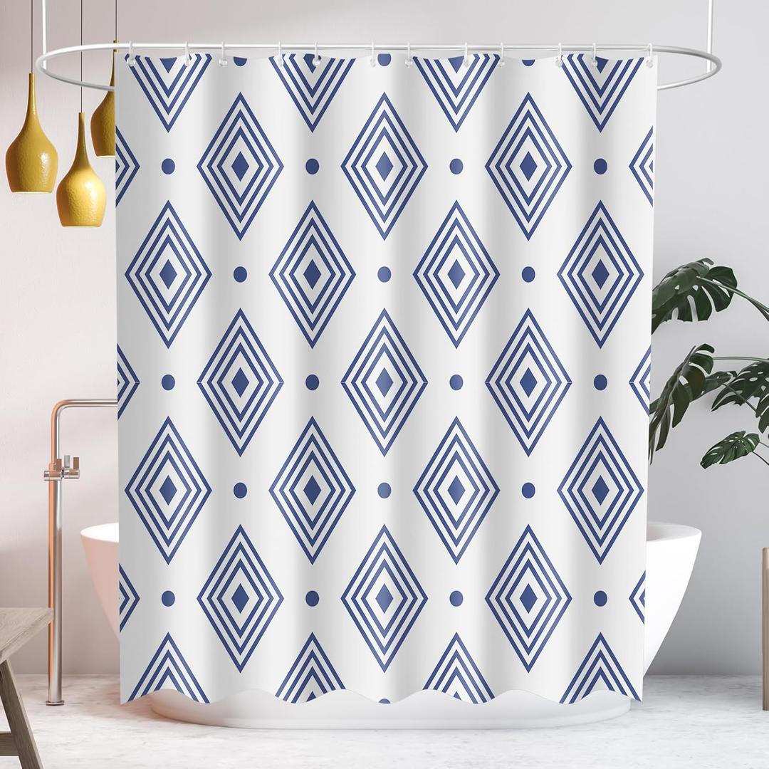 SASTYBALE Waterproof Shower Curtain, Blue Geometric Modern Style Bathroom Curtains, Heavy Duty Minimalist Cloth Fabric Machine Washable with 12 Hooks, 72x72 Inch