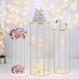 3pcs Gold Metal Plant Stand, Cylinder Pedestal Stands for Party, Metal Plant Columns Pedestal Stands for Display, Round Cylinder Columns tables for Weddings Cake Stand Floor Plant Tables