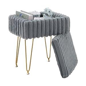 Wimarsbon Storage Ottoman, Vanity Stools with Metal Legs, 16.5" x 11.8" x 18" Modern Faux Mink Fur Footstool, Makeup Chair with Anti-Slip Feet, Accent Table,Footrest,Storage Bench for Bedroom (Grey)