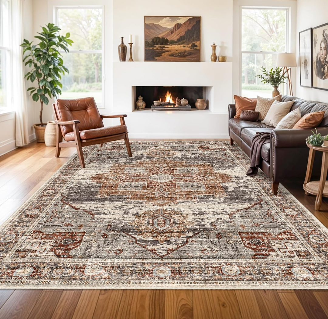 RUUGME Washable 8x10 Area Rugs - Large Rugs for Living Room Stain Resistant Carpet Vintage Rugs for Bedroom with Non Slip Backing Home Decor Floor Decoration Mat (8x10 Brick)