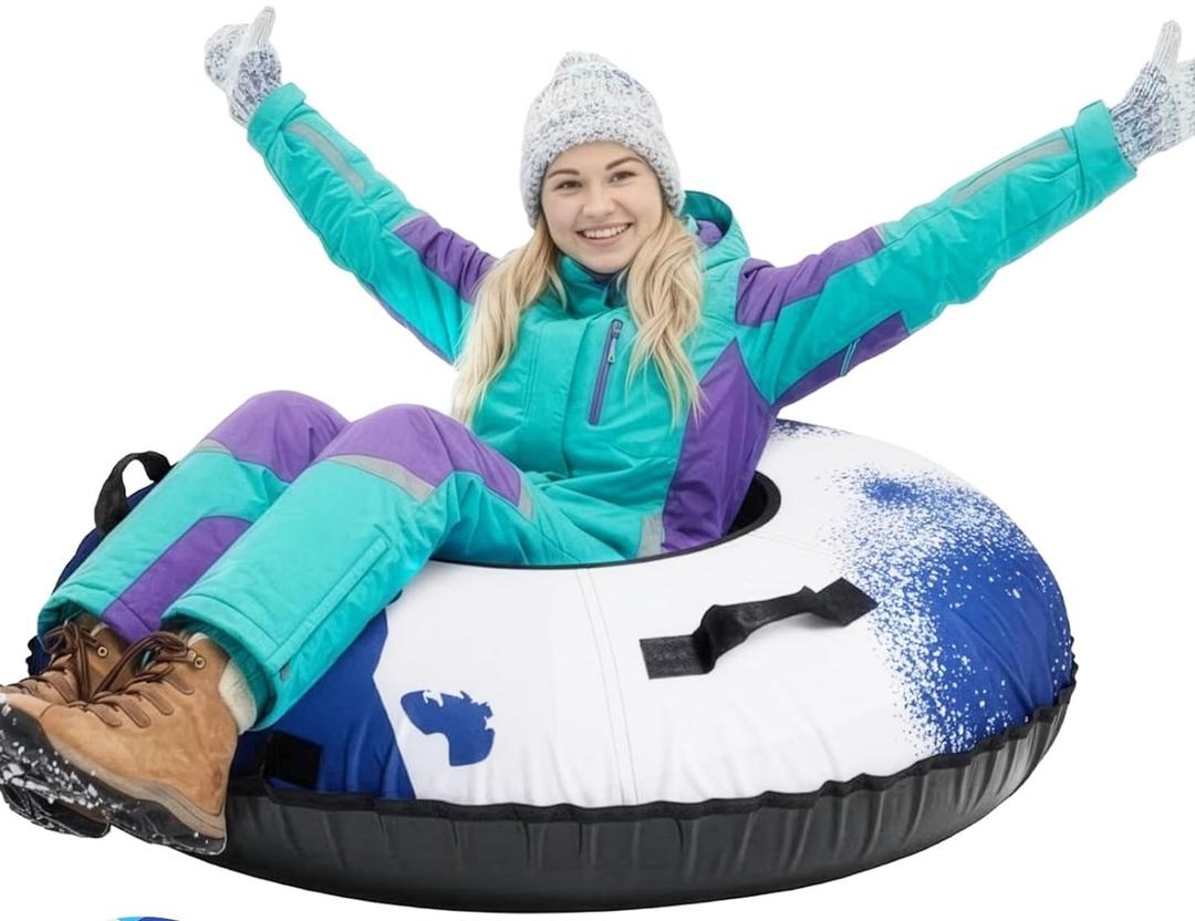 Snow Tube, 45''/48'' Rubber Snow Tubes with Commercial Grade Canvas Cover for Kids & Adults, Inflatable Heavy Duty Snow Sled Thickened Hard Bottom with Tow Strap, Sleds Winter Gifts