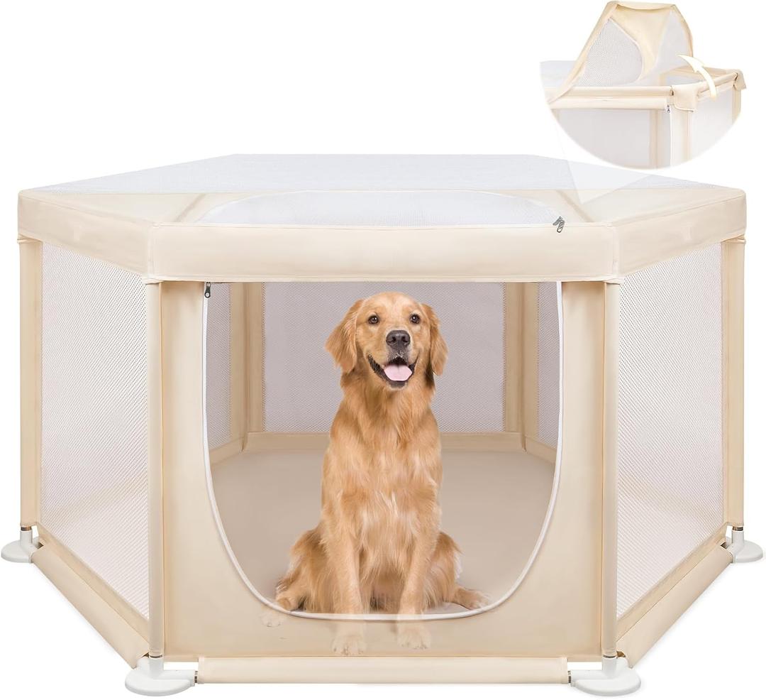 58.3"x58.3"x29.9" Large Dog Playpen Indoor, Extra Tall Puppy Playpen with Removable Roof, Sturdy Fabric Dog Pen for Medium to Large Pets, Spacious Hexagonal Pet Playpen Indoor for Comfort & Security