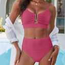 ANRABESS Bikini Sets for Women Summer High Waisted 2 Piece Bathing Suit Ribbed U-Wire Cutout Swimsuit Beach Vacation 2026 (Pink, S)