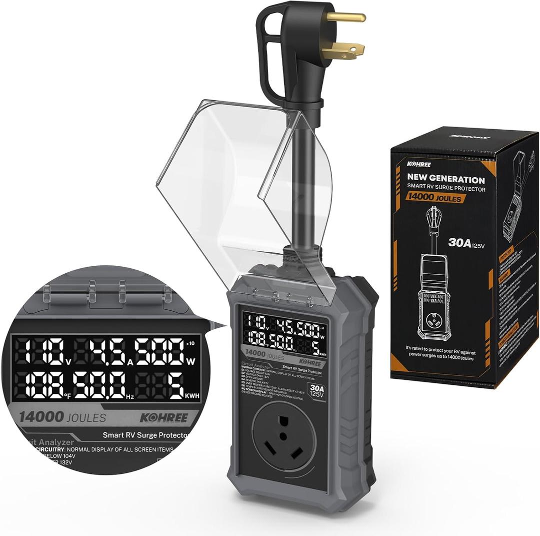 Kohree RV Surge Protector 30 Amp with LED Real-time Large Screen Display Voltage Current KWH, 14000 Joules Auto Shut Off, Circuit Analyzer RV Power Surge Protector Waterproof for Camper, Gray
