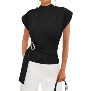 PRETTYGARDEN Women Blouses Spring Dressy Cap Sleeve Mock Neck Work Shirts Buckle Tunic Summer Business Casual Tops 2026(Black, X-Large)