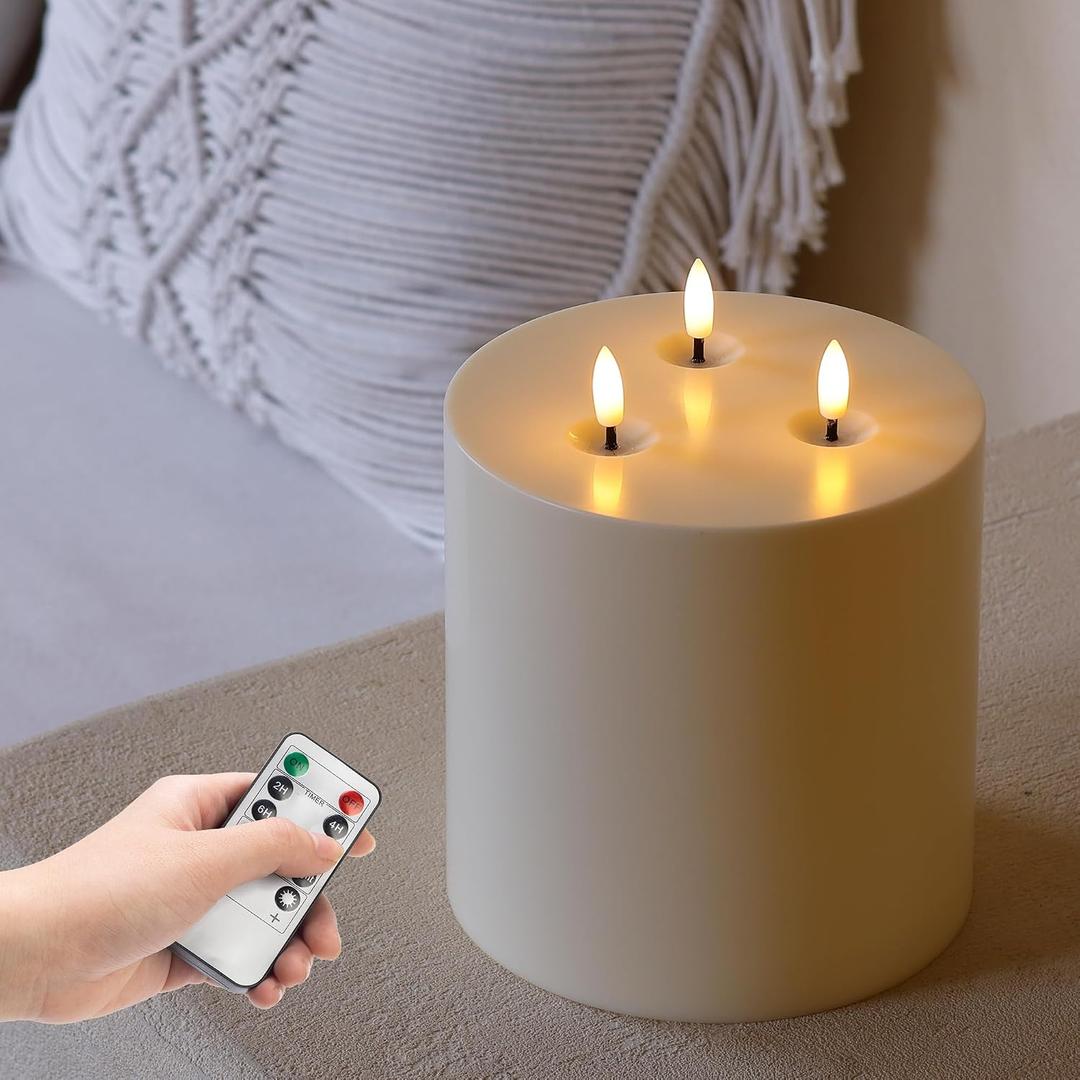 Extra Large Outdoor Waterproof Flameless Candle with 3 Wick, 6" x 6" Ivory Plastic Battery Operated LED Candle with Remote and Timer,Flickering Fake Pillar Candles for Garden Patio Porch Home Party