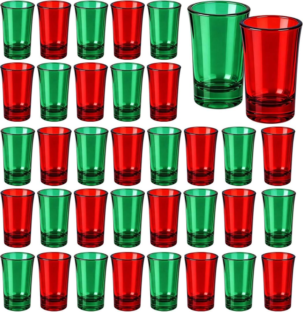 Cumule 36 Pieces Christmas Shot Glasses 2 Oz Red Green Heavy Based Glass Shot Glass for Christmas Holiday Party Decorations Supplies