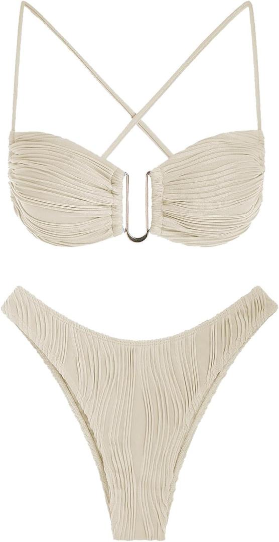 ZAFUL Women's Textured Underwire Bikini Set V Notch High Cut Swimwear Tie Side Ribbed Sexy Swimsuits (450-beige)