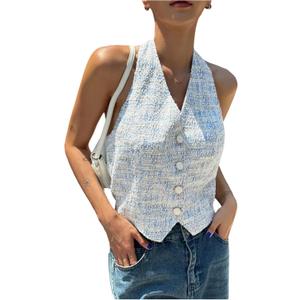 MakeMeChic Women's Plaid Halter Top Button Front Sleeveless Summer Going Out Crop Tops Blue Medium