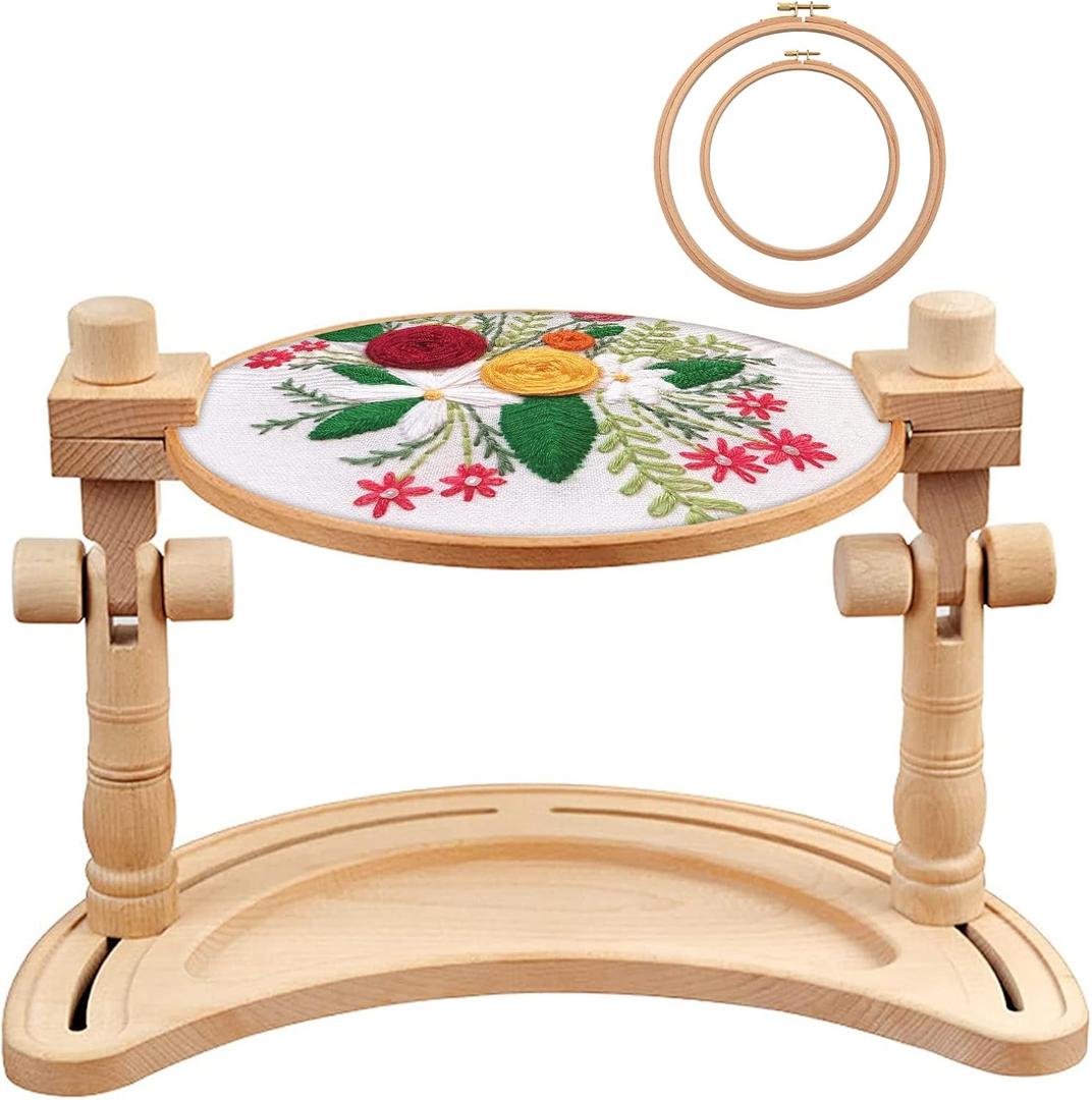 ZOCONE Multifunctional Beech Wood Embroidery Hoop Stand with 2 Pcs 6'' 8'' Embroidery Hoops, Adjustable Rotated Embroidery Stand Cross Stitch Stand, Embroidery Hoop Holder for Embroidery Project (D)