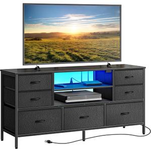 Huuger TV Stand Dresser with Power Outlets and LED Lights, 7 Drawer Console for 55 Inch TV, Black PU Leather Bedroom Dresser