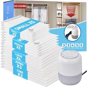 20 Pack Vacuum Storage Bags with Electric Air Pump, Vacuum Sealed Storage Bags (3Cube/3Jumbo/4Large/5Medium/5Small), Space Saver Bag for Clothes, Blanket, Duvets, Pillows, Mattress,Comforters, Travel