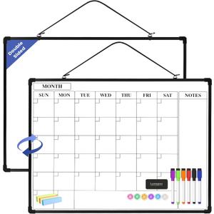 Monthly Whiteboard Calendar for Wall, 24" x 18" Dry Erase Board with Plastic Frame, Hanging Dry Erase Calendar with 3 Mini Sticky Notes for Kitchen Planner, Memo, Home and Office, Black