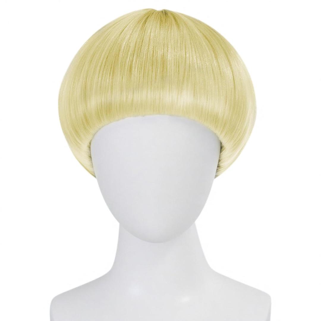 Short 613 Blonde Bob Wig with Bangs Mushroom Wigs for Men Women 60s 70s Bowl Cut Wigs Men Blond Bob for Cosplay Funny Wig for Party Outfit Anime for Halloween Costume+Hair Cap