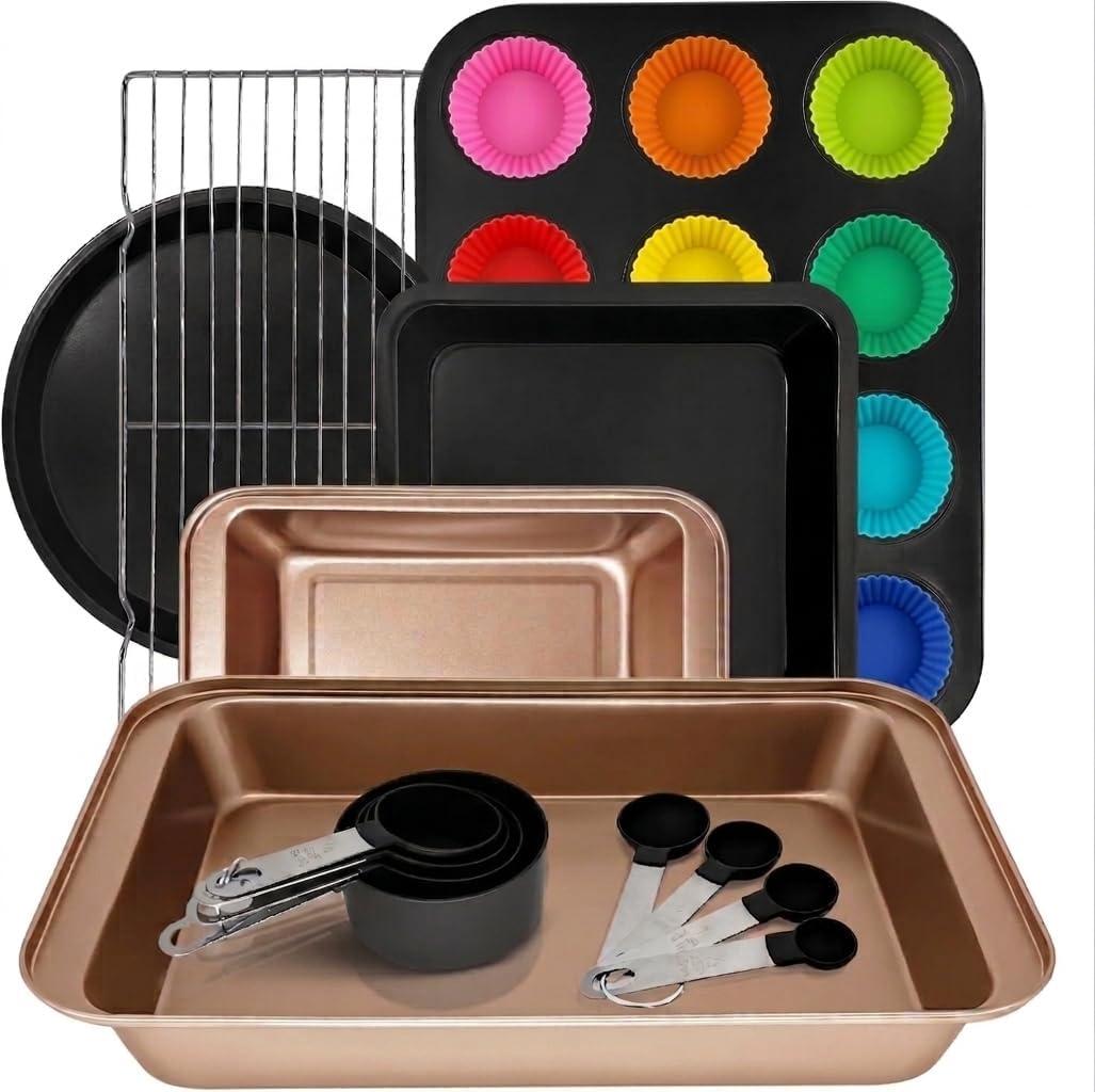 26pcs Nonstick Baking Pans Set Carbon Steel, Muffin Pan with Silicone Cups, Cooling Rack, Round & Square Cake Pans, Measuring Cups & Spoons, Bakeware Sets for Beginners, Renters & Home Bakers
