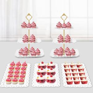 5 Pack Dessert Table Display Set - 2 x Three-Tier Square Cupcake Stands and 3 x Serving Trays, Elegant Tableware for Cakes, Cupcakes, Pastries, and Snacks, Perfect for Parties (White)
