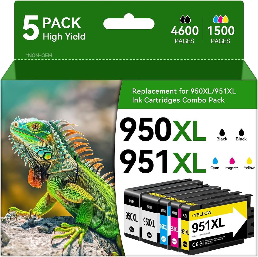950XL 951XL Ink Cartridges Compatible for HP 950 951 Ink Cartridge Work with Printer OfficeJet Pro 8600, 8610, 8600 Plus, 8100, 8620, 8630, 8625, 8615, 8110, 5-Pack (2 Black 1 Cyan 1 Magenta 1 Yellow)