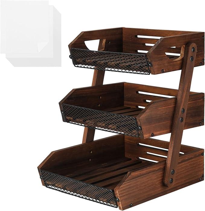 IBWell 3 Tier Fruit Basket for Kitchen Counter Farmhouse Wooden Fruit Holder for Countertop Kitchen Counter Organizer with 50pcs Deli Paper Tired Display Stand for Snack Bread