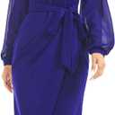 HELYO Women's Elegant V-Back Chiffon Long Sleeve Sheath Dresses Belted Ruched Casual Work Cocktail Party Midi Dress (Medium, Royal Blue)