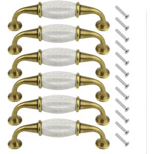 XINGYHENG 6PCS Cabinet Dresser Pulls White Ceramic Dresser Pulls Cupboard Drawer Pull Knobs Door Pull Handle with Screws 3.8"/96mm Centers (Gold, White) (3.78 Inch Hole Centers)