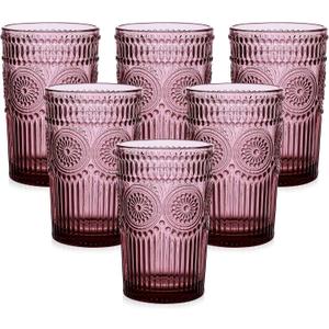 Vintage Glassware Drinking Glasses Set of 6,13 oz Purple Textured Flower Design Glass Water TumblersEmbossed Striped Drinkware for Water,Cocktails,Juice,Iced Coffee
