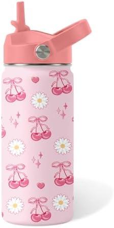 Cherry Gifts for Kids - 16oz Pink Kids Water Bottle with Straw Lid, Stainless Steel Insulated Tumbler, Leakproof, BPA-Free, for Girls, School, Travel - Cherry Lovers Children Birthday Gift Cup (1pc)