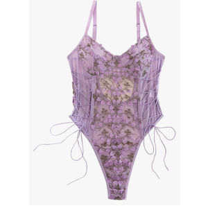 Lilosy Women Sexy Lace Up Floral Embroidered Teddy Lingerie Bodysuit Top Mesh Sheer One Piece L