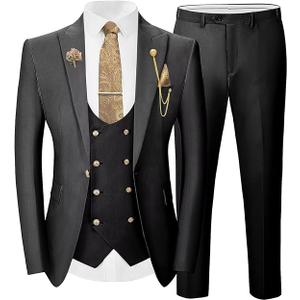 Wangyue 3 Pieces Suits for Mens Slim Fit Gold Button Double Breasted Suit Men Tuxedos Wedding Suits Set Mens White Suit, XS