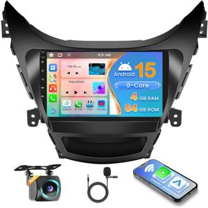 8 Core 4+64GB for Hyundai Elantra 2011 2012 2013 Android 15 Car Stereo Carplay Radio with Wireless Carplay Android Auto, 9'' Touch Screen, GPS/WiFi/32EQ DSP/Bluetooth 5.0/SWC/Mic, Backup Cam