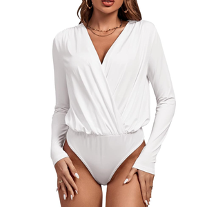 Vrtige Women's Wrap V Neck Long Sleeve Pleated Bodysuit Leotard Top, S, Plain White