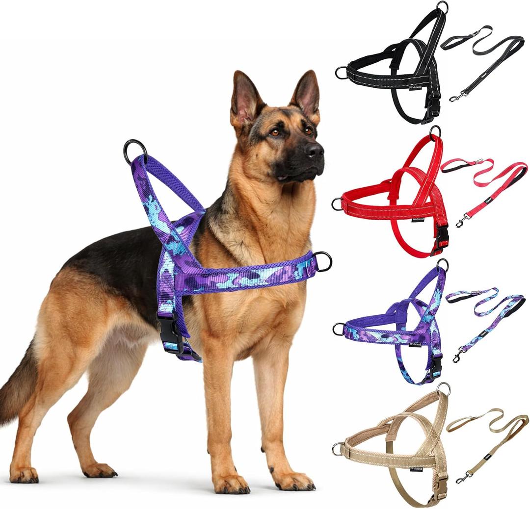 No Pull Dog Harness and Leash Set-Vest with Handle & 5FT Dog Leash with Car Seatbelt Clip,Breathable Mesh & Quick Fit Dog Harness Easy for Medium Large Dogs Training Walking(Camo Purple,XL) (XL:Belly Chest-30.6''-39.2'')