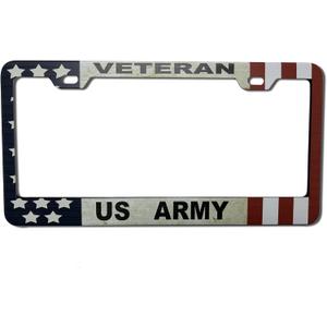 Patriotic American Flag Veteran US Army License Plate Frame for Women/Men, UV Print Stainless Steel License Plate Frame 2 Holes & Screws for Car, 12x6 Inch Fits Standard US/CA