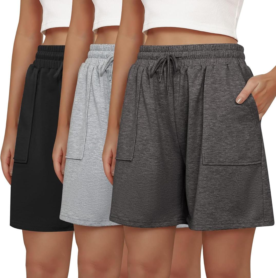 Cowasto Women's High Waisted Sweat Shorts Loose Athletic Bermuda Pockets Drawstring Summer Running Casual (L)