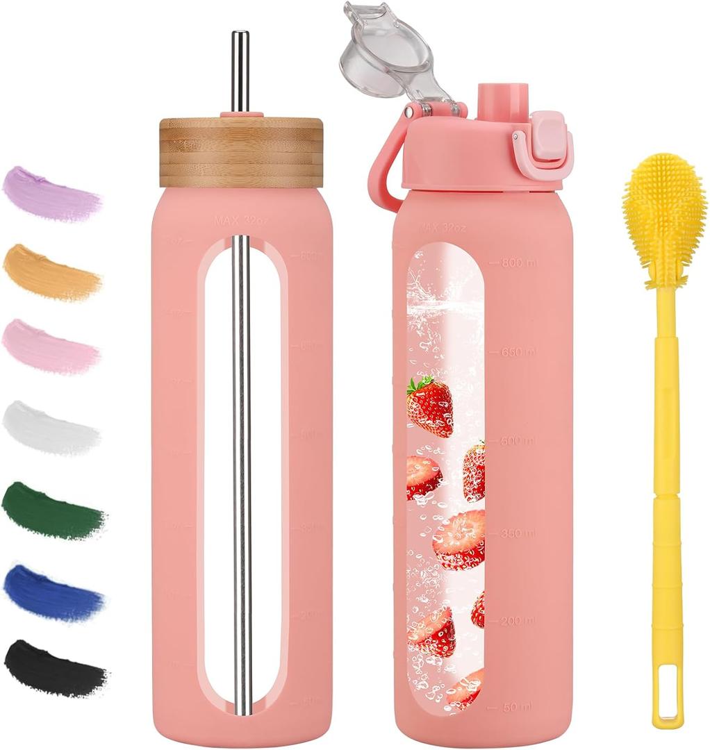32 oz glass water bottle - 1 Litter Motivational Tumbler With Time Marker - Borosilicate Glass Water Bottles With Silicone Sleeve and 2 Lids - Handle Spout Lid & Bamboo Straw Lid (Pink)