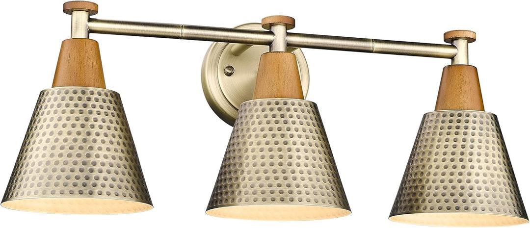 FEMILA Antique Brass Bathroom Vanity Light, 3-Lights Industrial Modern Wall Sconce Bathroom Lighting, Hammered Metal Shade Finish, 4FG59B-3W BG (22")