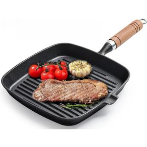 Grill Pan, 8.6 inch Cast Iron Grill Pans for Stove Tops Indoor Outdoor Cooking, Griddle Pan with Pour Spouts, Skillet for Searing Steak, PFOA Free - Naturally Nonstick Surface When Seasoned