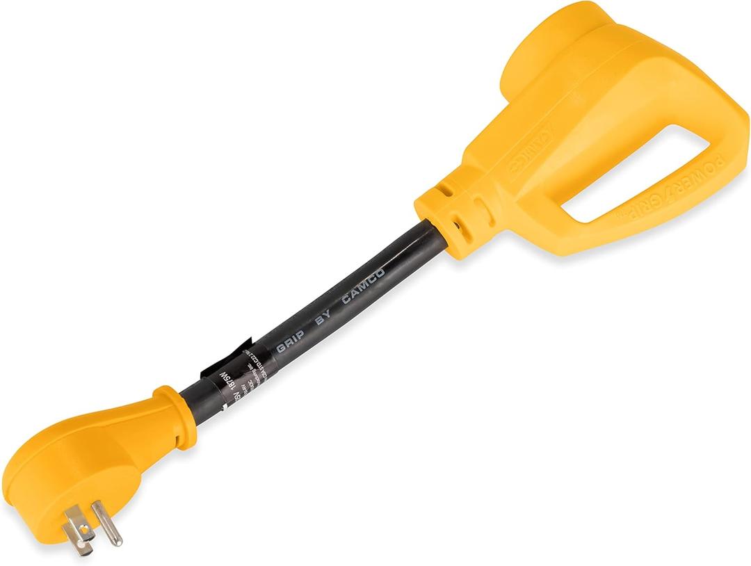 Camco RV Dogbone Electrical Adapter with Innovative 180 Degree Bend Design and PowerGrip Handle - 15 Amp Male to 50 Amp Female, 12" 