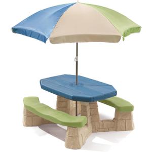 Step2 Naturally Playful Kids Picnic Table with Removable Umbrella, Indoor/Outdoor Toys, Fits 6 Children, Made of Durable Plastic, For Toddlers 3+ Years Old, Blue & Green
