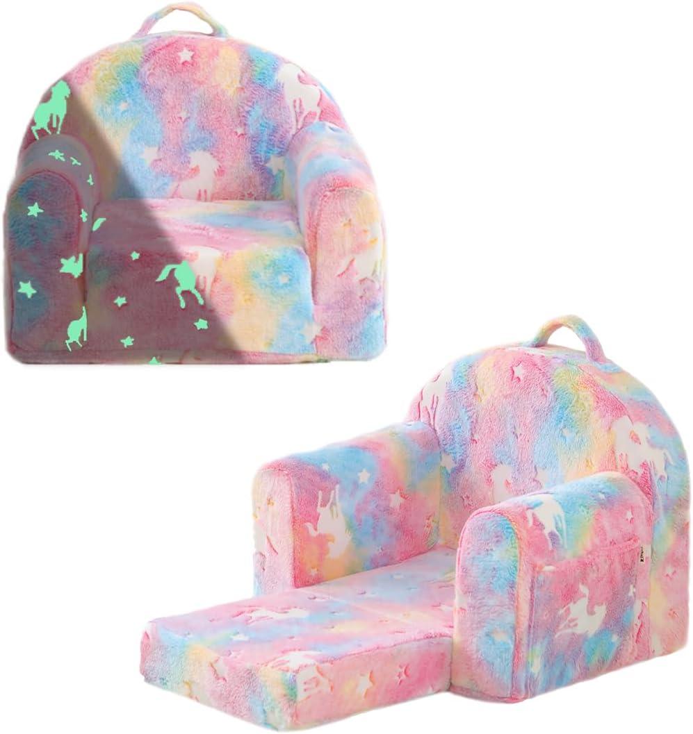 Toddler Chair Comfy,Toddler Couch Fold Out, 2-in-1 Kids Chair,Flip Out Kids Couch,Toddler Sofa Convertible,Children Reading Chair for Age 1-3(Pink) (Glowing Pink Unicorn)