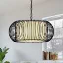 3-Light Drum Chandelier Light Fixture 18.9" Large Pendant Light with White Fabric and Black Metal Shade, Modern Chandeliers Hanging Light Fixtures for Dining Room Kitchen Island Hallway and Entryway