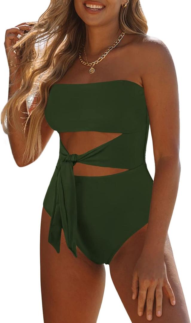 Viottiset Women's Bandeau One Piece Swimsuit Strapless Tie High Cut Out Bathing Suit (Large, Dark Green)