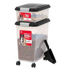 IRIS USA Dog Food Storage Container, Up to 54 lbs, Black, Made in USA | Stackable pet food storage bins with wheels keep dog and cat food fresh, organized, and easy to move.