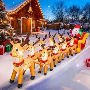 Garma 14 FT Christmas Inflatables Outdoor Decorations, Santa Claus Sleigh and 9 Reindeers Inflatable with Built in LED Lights Xmas Blow up Yard Decorations for Garden Lawn Home Holiday Party Decor