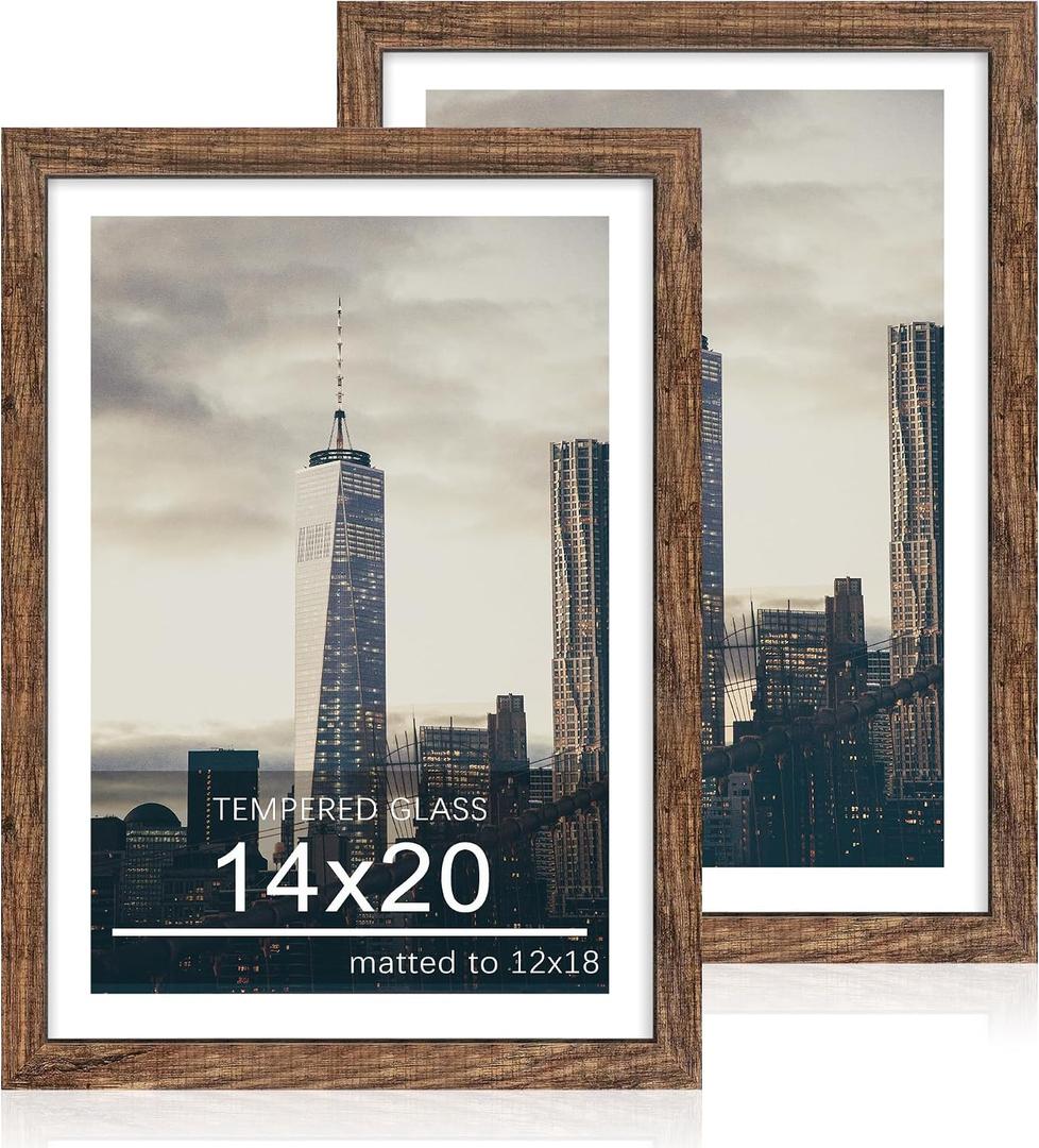 14x20 Poster Frame Set of 2, 14 x 20 Wood Picture Frames with Mat for 12x18, Wooden Photo Frame with Tempered Glass Cover for Wall Mounting Display,Rustic Brown, 14x20-2pack