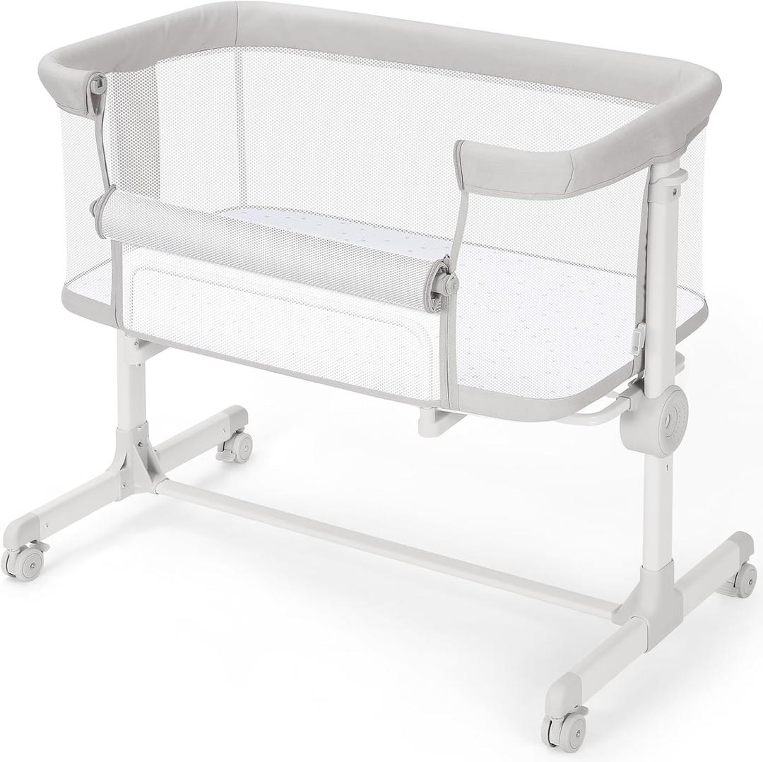 Ezebaby Baby Bassinets Bedside Sleeper - All Mesh Bedside Bassinet with Wheels, 7 Height Adjustable Baby Crib for Infants (Light Grey)