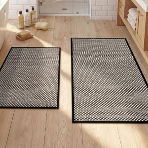 YIHOUSE Thin Bath Mat Black Bathroom Rugs Sets 2 Pieces, Non Slip Absorbent Mats Quick Dry, Woven Rugs Washable, Tapetes para Bao for Bathroom Toilet, Bathtub(17"x24"+17"x32")