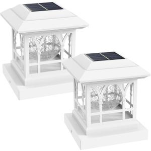 Fence Post Solar Lights, Crackle Glass Solar Post Cap Lights, 20 Lumens, Warm White & RGB Automatic Cycling 2 Modes for 3.6x3.6 4x4 4.5x4.5 5x5 Vinyl Wooden Posts Decoration, White (2 Pack)